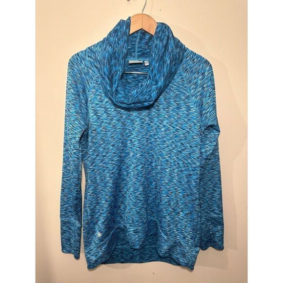 Athleta Tranquility Spaced Dye Pullover Womens Sz Med Cowl‎ Neck Thumbholes Blue - Picture 2 of 6